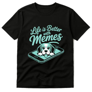 Black Dog Shirts For Small Dogs - "Life Is Better With Memes" graphic tee with light gray print, flat lay product photo