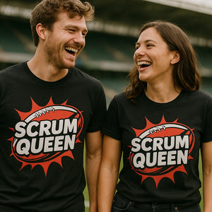 Person wearing the black mens rugby shirts graphic tee - "Scrum Queen" design