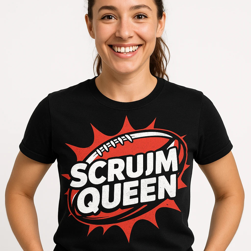 Close-up of the "Scrum Queen" white print on a premium Bella+Canvas black mens rugby shirts