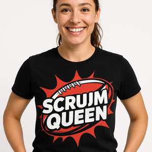 Close-up of the "Scrum Queen" white print on a premium Bella+Canvas black mens rugby shirts