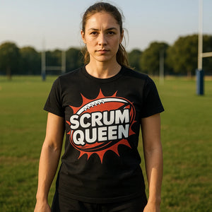 Lifestyle shot of the "Scrum Queen" black mens rugby shirts in a real-world setting