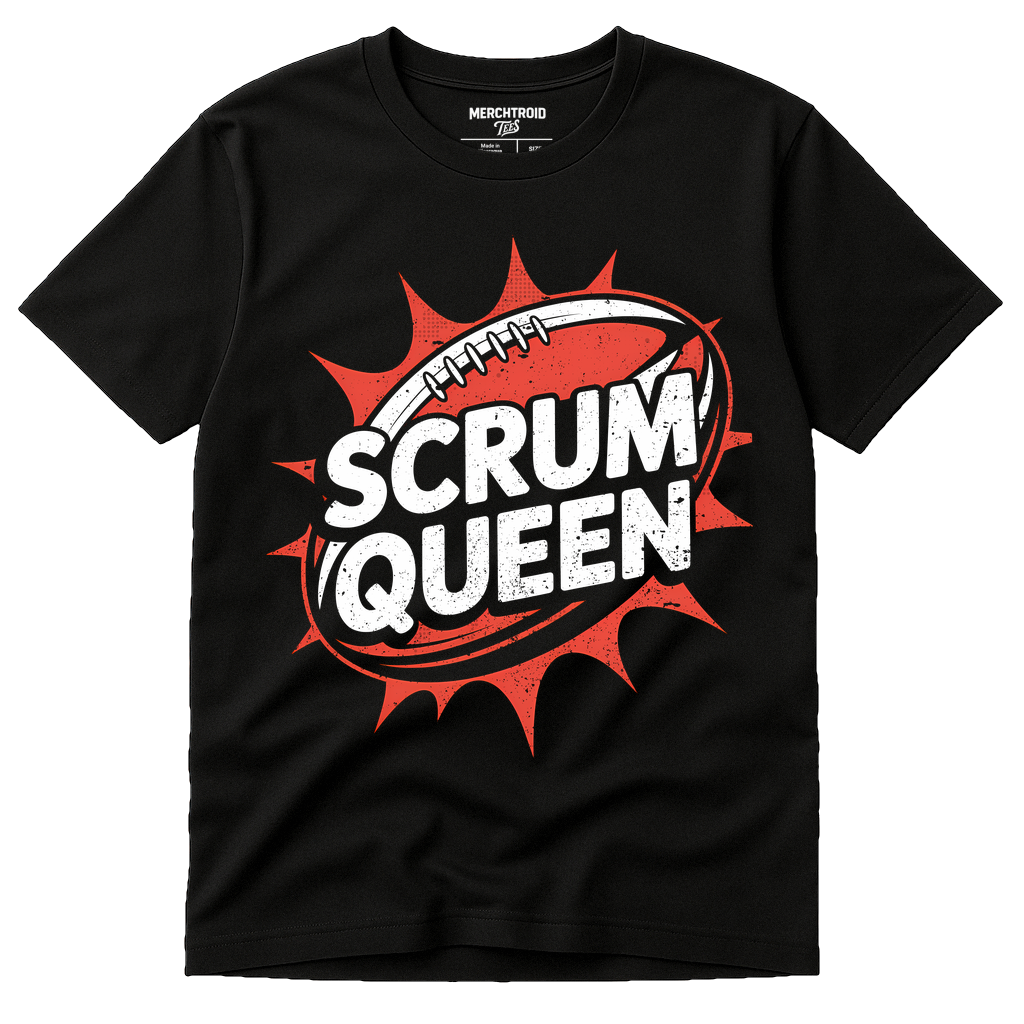 Black Mens Rugby Shirts - "Scrum Queen" graphic tee with white print, flat lay product photo