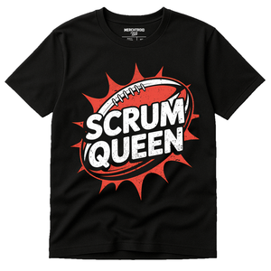Black Mens Rugby Shirts - "Scrum Queen" graphic tee with white print, flat lay product photo