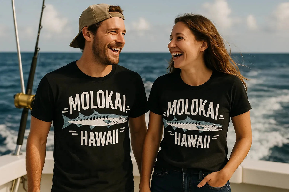 Person wearing the black minimalist geometric barracuda t shirt graphic tee - "Molokai Hawaii" design