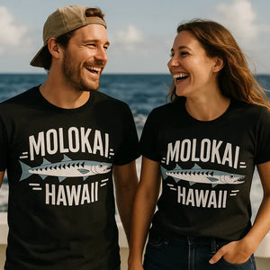 Person wearing the black minimalist geometric barracuda t shirt graphic tee - "Molokai Hawaii" design