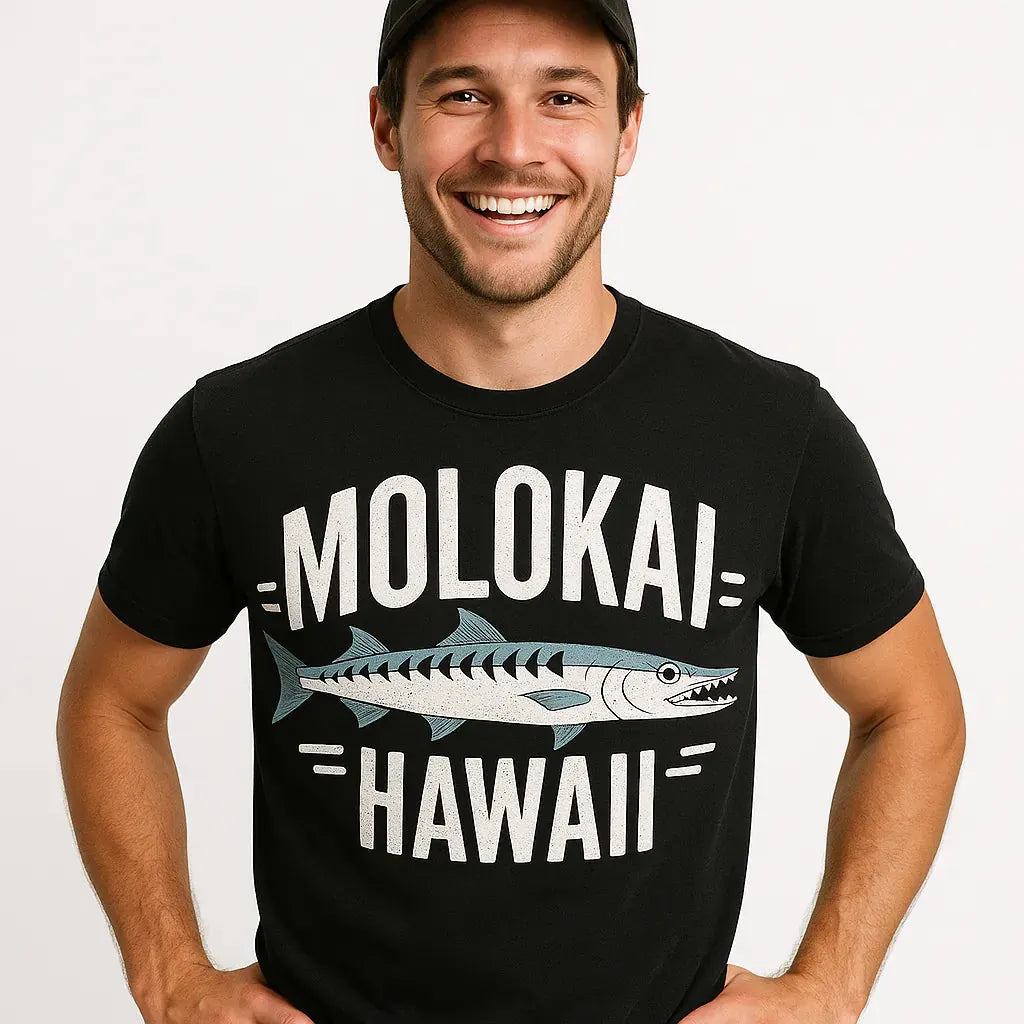 Close-up of the "Molokai Hawaii" white print on a premium Bella+Canvas black minimalist geometric barracuda t shirt