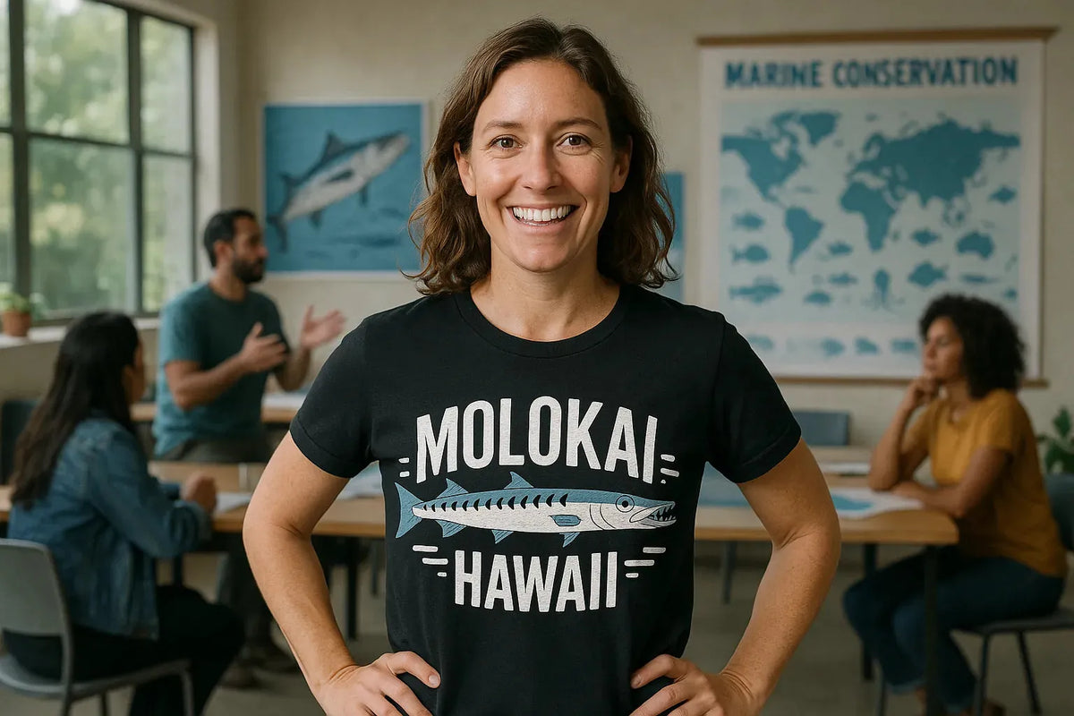 Lifestyle shot of the "Molokai Hawaii" black minimalist geometric barracuda t shirt in a real-world setting
