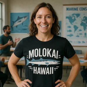 Lifestyle shot of the "Molokai Hawaii" black minimalist geometric barracuda t shirt in a real-world setting
