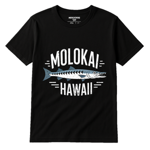 Black Minimalist Geometric Barracuda T Shirt - "Molokai Hawaii" graphic tee with white print, flat lay product photo