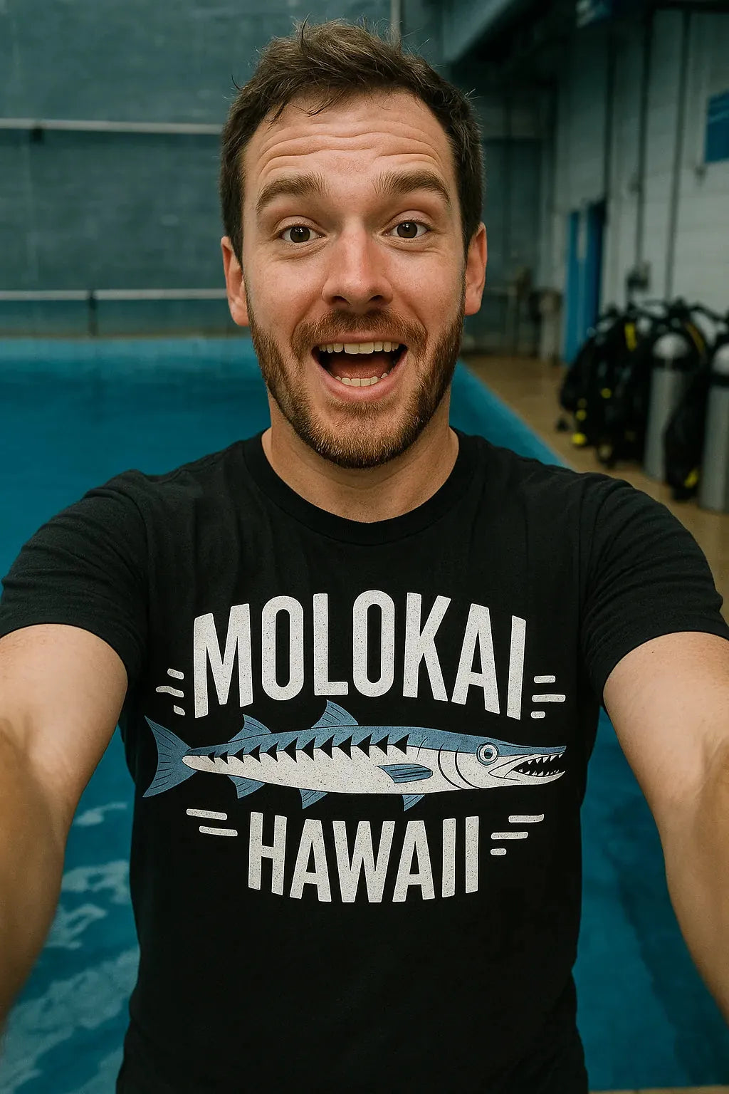 "Molokai Hawaii" black minimalist geometric barracuda t shirt, photographed as barracuda lover gift