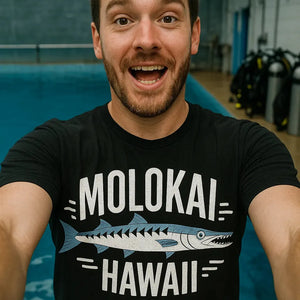 "Molokai Hawaii" black minimalist geometric barracuda t shirt, photographed as barracuda lover gift