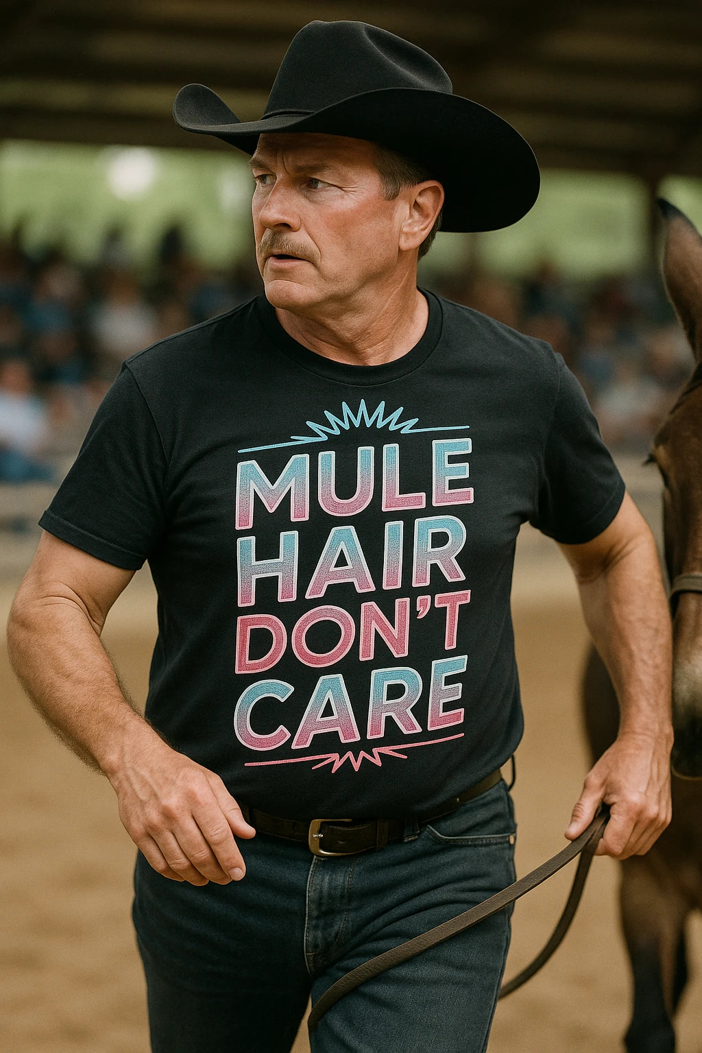 "Mule Hair Don'T Care" black mule t shirt, photographed as gifts for mule lovers