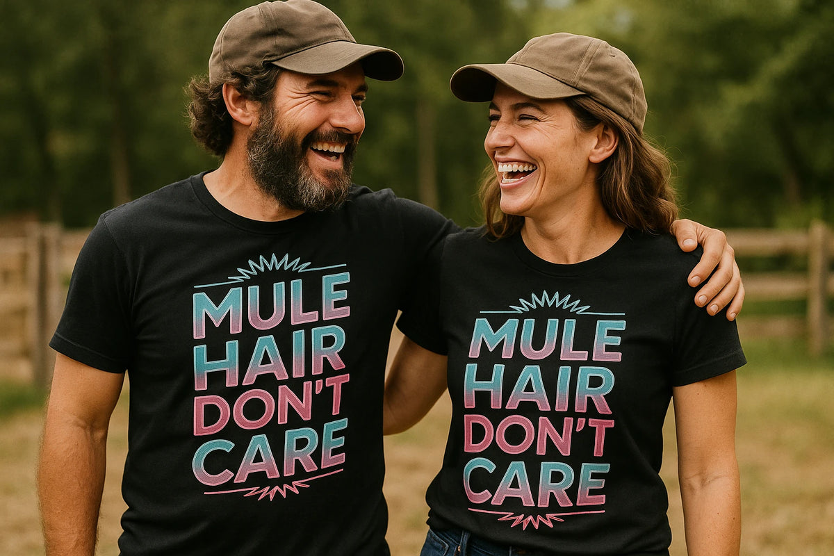 Person wearing the black mule t shirt graphic tee - "Mule Hair Don'T Care" design