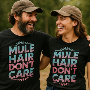 Person wearing the black mule t shirt graphic tee - "Mule Hair Don'T Care" design