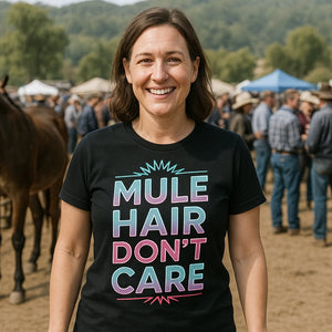 Lifestyle shot of the "Mule Hair Don'T Care" black mule t shirt in a real-world setting