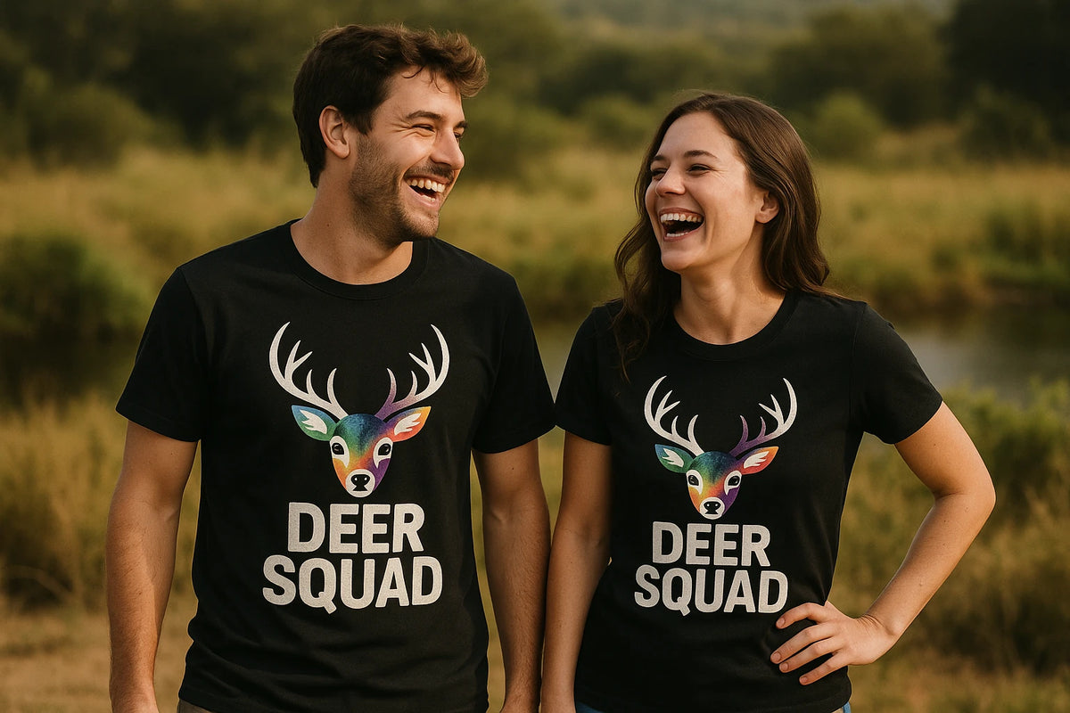 Person wearing the black deer shirts graphic tee - "Deer Squad" design