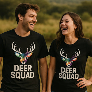 Person wearing the black deer shirts graphic tee - "Deer Squad" design
