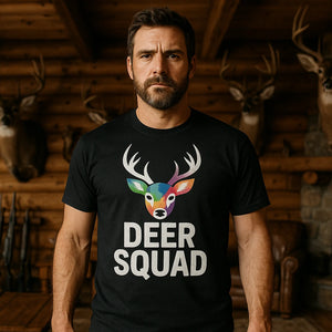 Lifestyle shot of the "Deer Squad" black deer shirts in a real-world setting