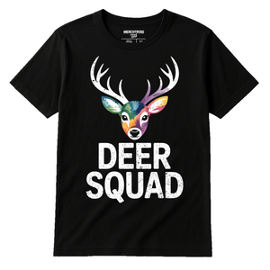 Black Deer Shirts - "Deer Squad" graphic tee with white print, flat lay product photo