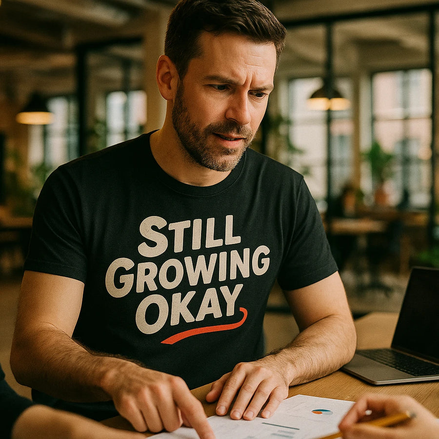 A person with a beard wearing a black t-shirt with white text and red underline, looking at a document on a table in a bright office setting. A laptop is visible on the table.