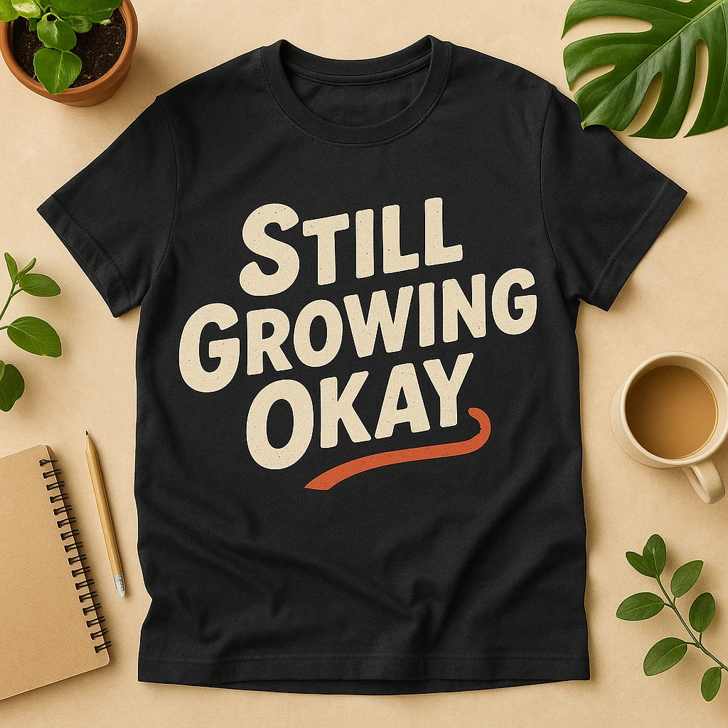 A black T-shirt with bold white text saying "STILL GROWING OKAY" and an orange underline. The shirt is laid flat on a beige surface surrounded by a small plant, a notepad with a pencil, and a cup of coffee.