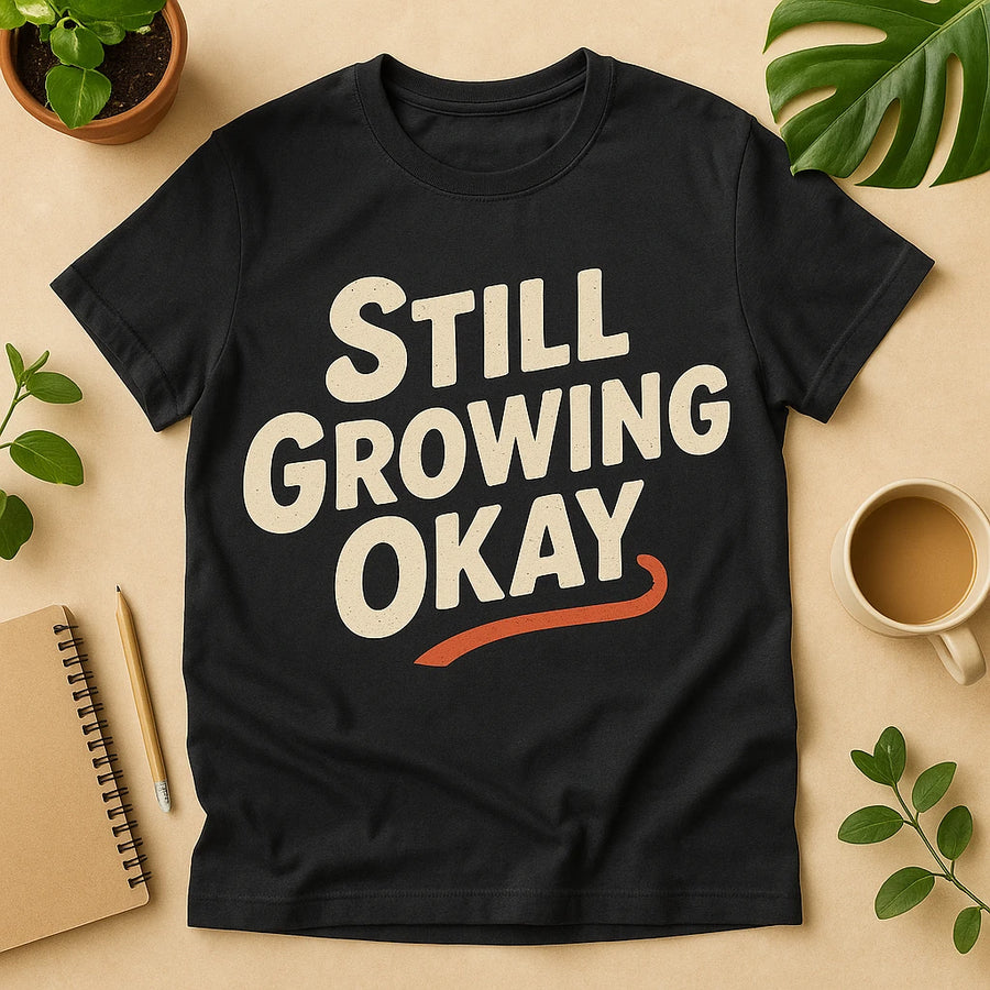 A black T-shirt with bold white text saying "STILL GROWING OKAY" and an orange underline. The shirt is laid flat on a beige surface surrounded by a small plant, a notepad with a pencil, and a cup of coffee.