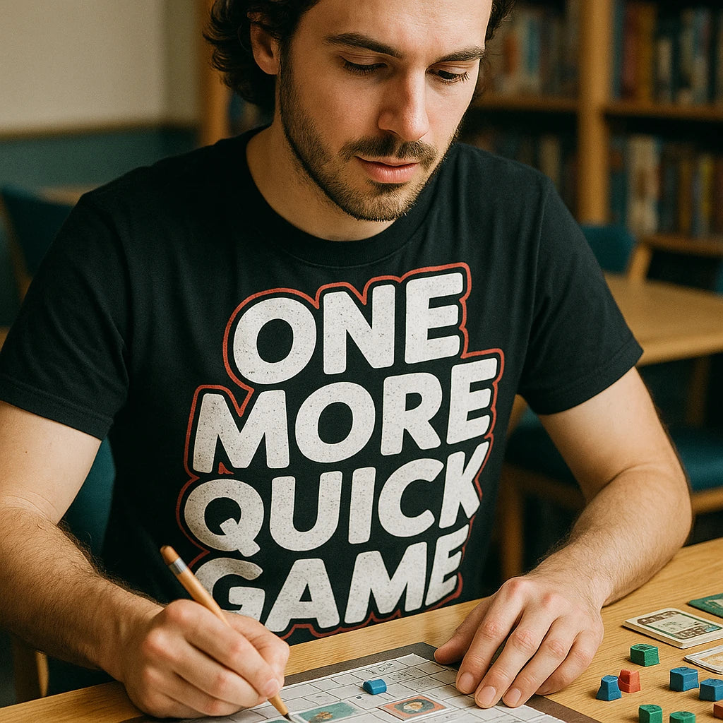 "One More Quick Game" black board game t shirt - also one of the gifts for someone who loves board games