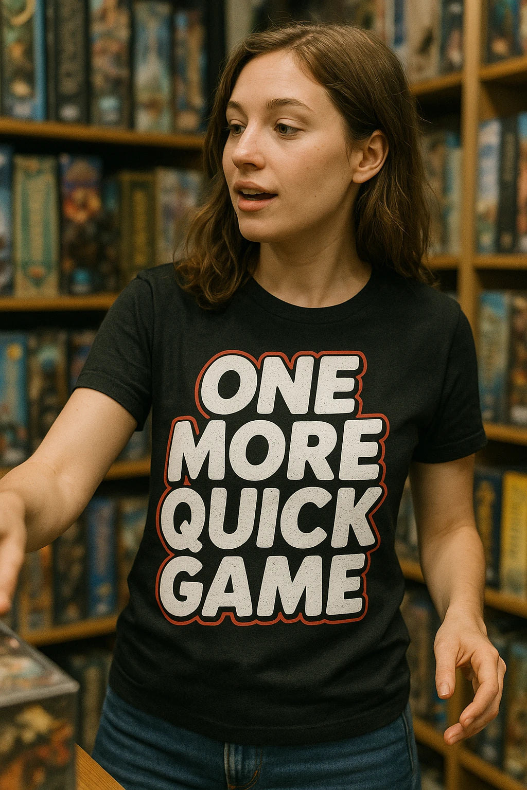 "One More Quick Game" black board game t shirt - also one of the best gifts for board gamers
