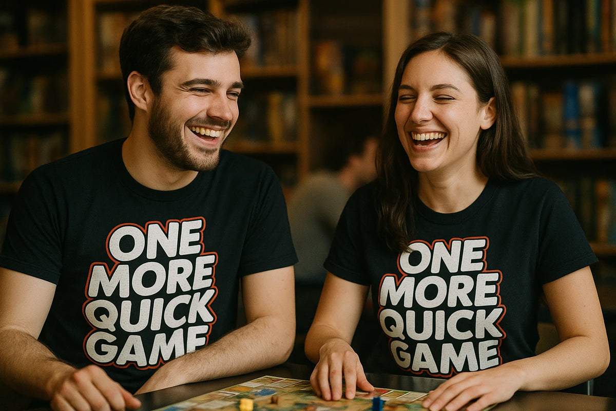 Person wearing the black board game t shirt graphic tee - "One More Quick Game" design