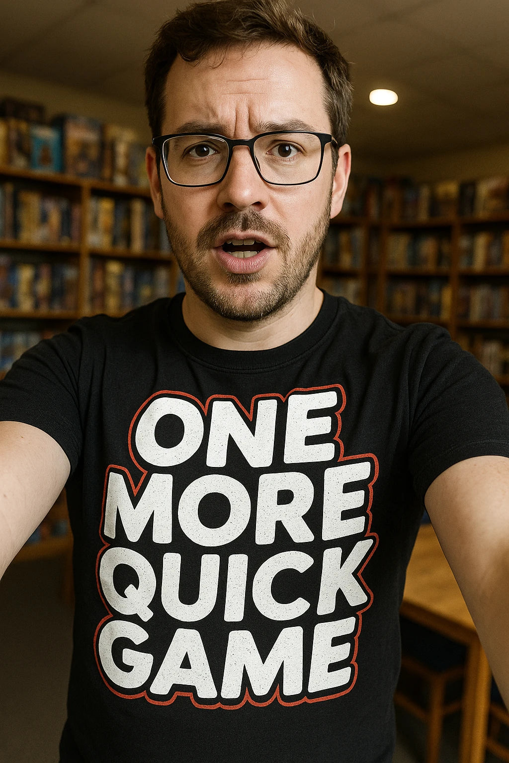 "One More Quick Game" black board game t shirt - also one of the gifts for people who like board games