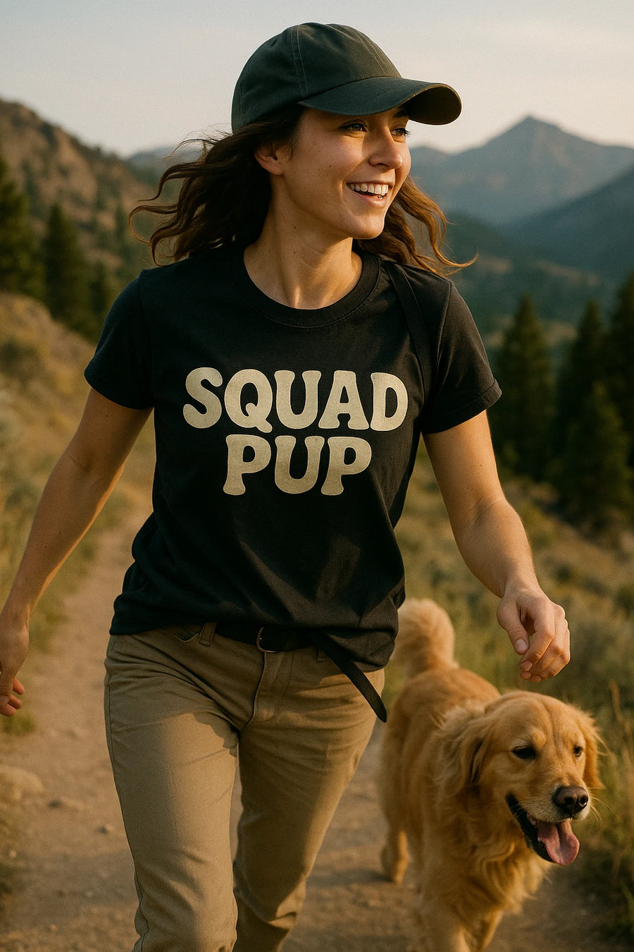 A person wearing a black cap and a T-shirt with the text "SQUAD PUP" is smiling and jogging along a scenic trail. They are accompanied by a golden retriever, with mountains and trees visible in the background.