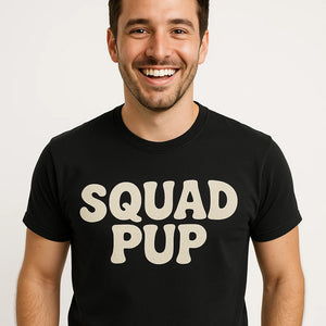 Close-up of the "Squad Pup" beige print on a premium Bella+Canvas black personalized t shirts for dog lovers