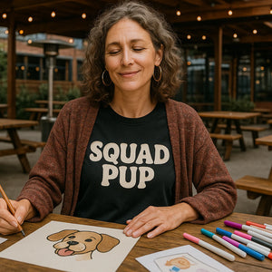 Lifestyle shot of the "Squad Pup" black personalized t shirts for dog lovers in a real-world setting