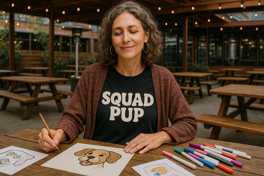 A person with curly hair is sitting at a wooden table outdoors, drawing a picture of a dog. They are wearing a dark t-shirt with the text "SQUAD PUP" and a brown cardigan. The table has pencils and colorful markers on it. There's a string of lights and picnic tables in the background.