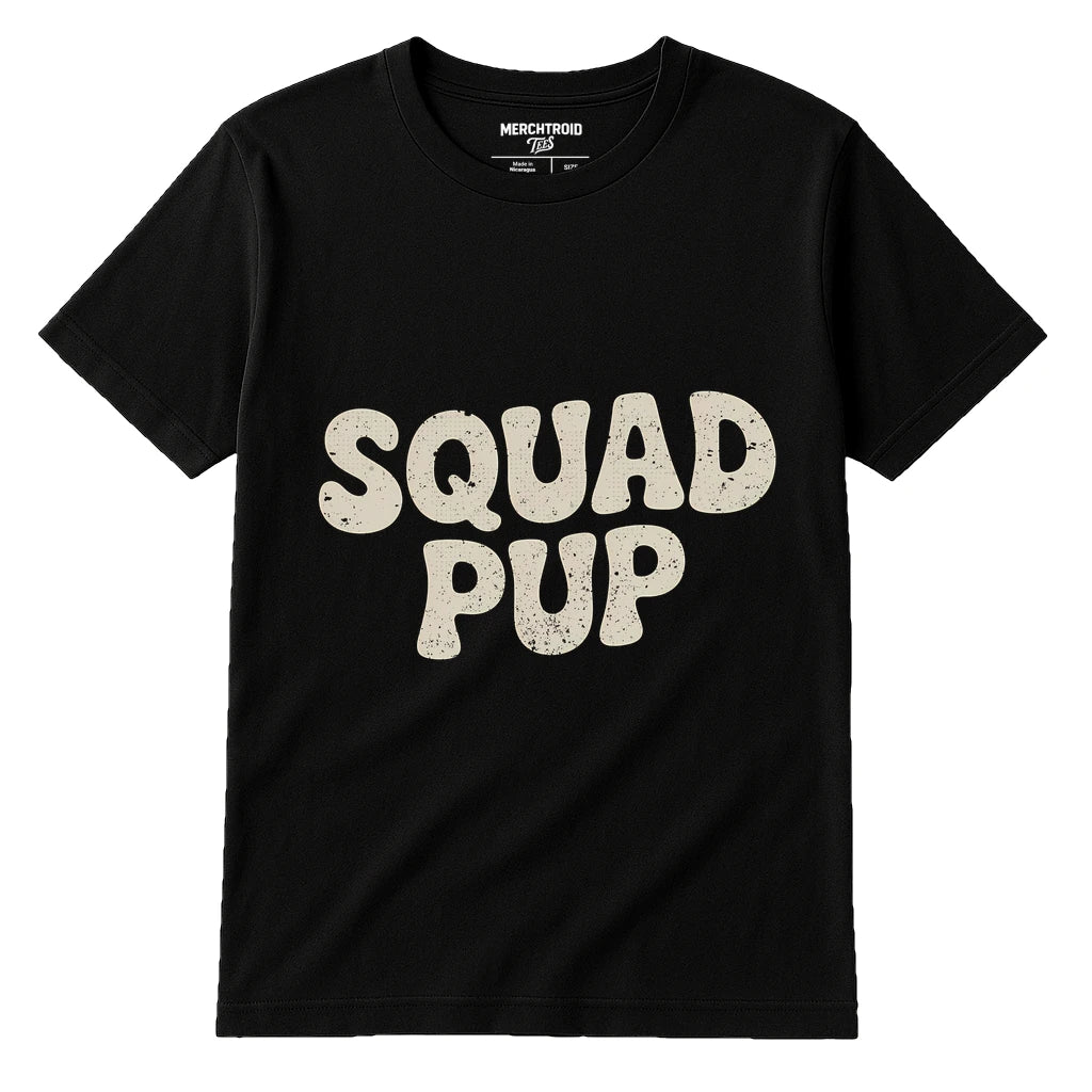 Black Personalized T Shirts For Dog Lovers - "Squad Pup" graphic tee with beige print, flat lay product photo