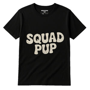 Black Personalized T Shirts For Dog Lovers - "Squad Pup" graphic tee with beige print, flat lay product photo