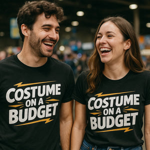 Person wearing the black costume t shirt graphic tee - "Costume on a Budget" design
