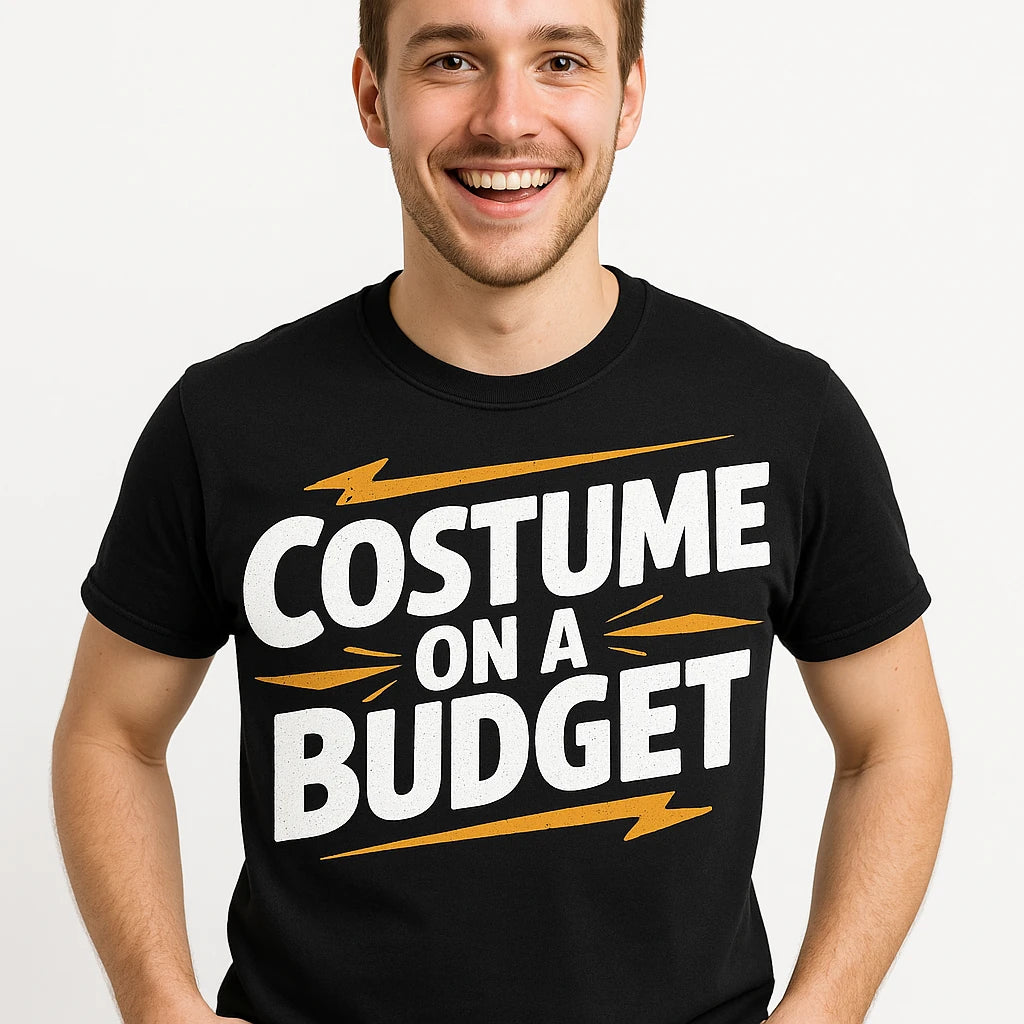 Close-up of the "Costume on a Budget" white print on a premium Bella+Canvas black costume t shirt