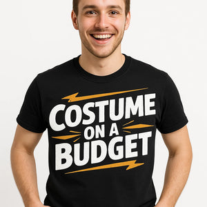 Close-up of the "Costume on a Budget" white print on a premium Bella+Canvas black costume t shirt