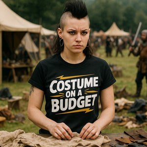 Lifestyle shot of the "Costume on a Budget" black costume t shirt in a real-world setting
