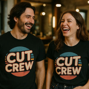 Person wearing the black funny hairdresser shirts graphic tee - "Cut Crew" design
