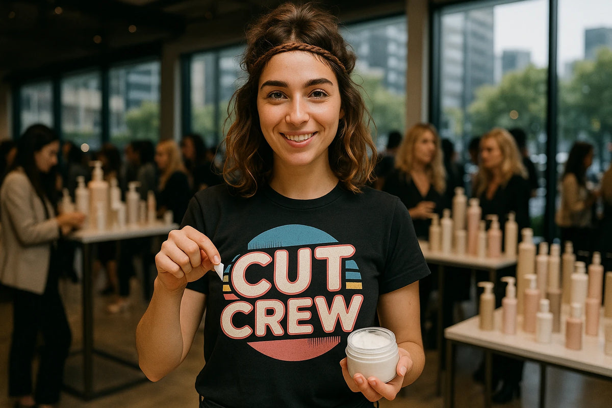 Lifestyle shot of the "Cut Crew" black funny hairdresser shirts in a real-world setting