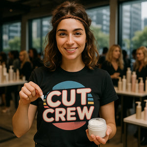 Lifestyle shot of the "Cut Crew" black funny hairdresser shirts in a real-world setting