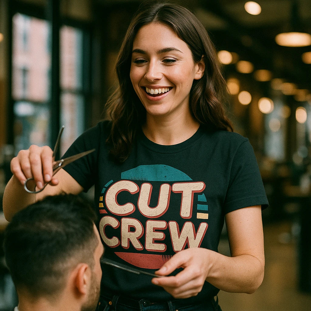 "Cut Crew" black funny hairdresser shirts - also one of the good gift for a hairdresser