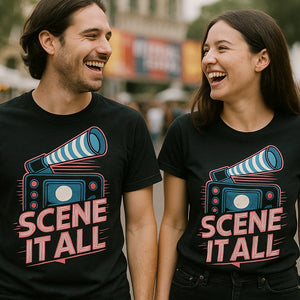 Person wearing the black graphic tee graphic tee - "Scene It All" design