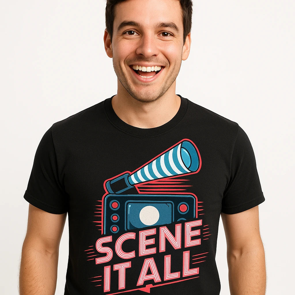 Close-up of the "Scene It All" gray print on a premium Bella+Canvas black graphic tee