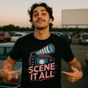 Lifestyle shot of the "Scene It All" black graphic tee in a real-world setting