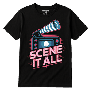 Black Graphic Tee - "Scene It All" graphic tee with gray print, flat lay product photo