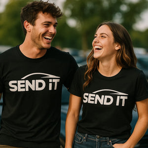 Person wearing the black car t shirt graphic tee - "Send It" design