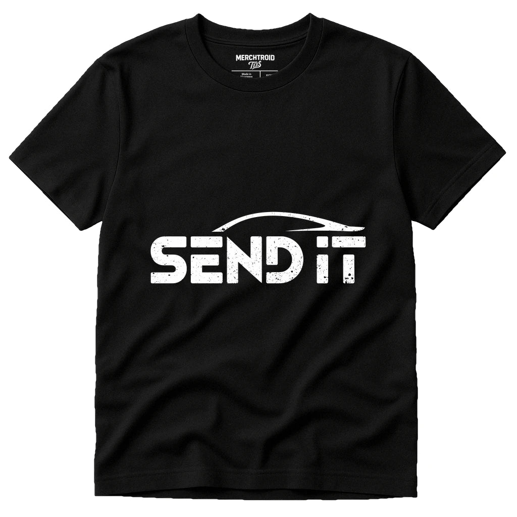 Black Car T Shirt - "Send It" graphic tee with white print, flat lay product photo